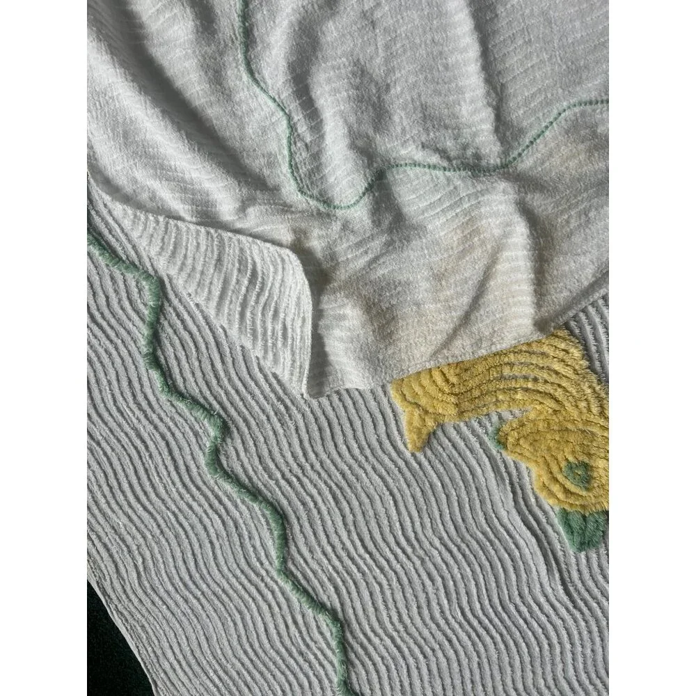 Vintage Chenille Baby Crib Blanket White With Yellow Deer Embroidery Thin Fabric - Picture 6 of 7